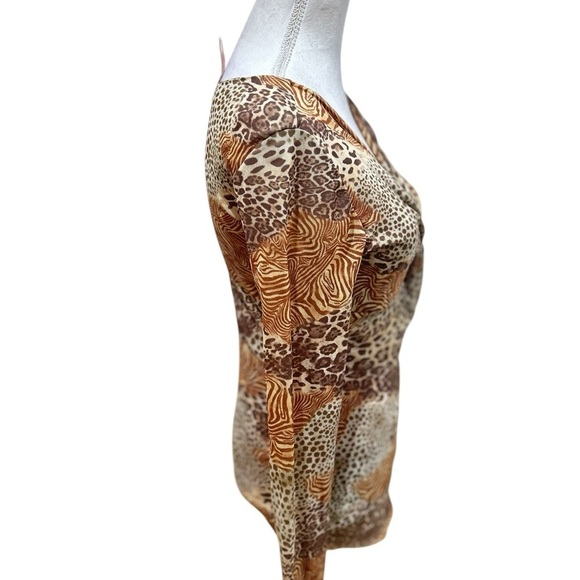 Sweet Pea tonal tan brown animal Print v neck sheer netting blouse top sz large - Picture 6 of 9